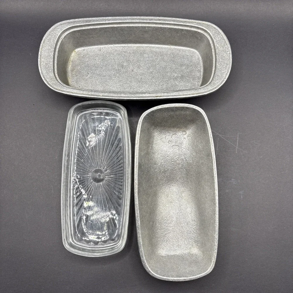 Complete 3-Pc Signed Wilton Armetale Pewter Tavern Butter Dish Glass Liner